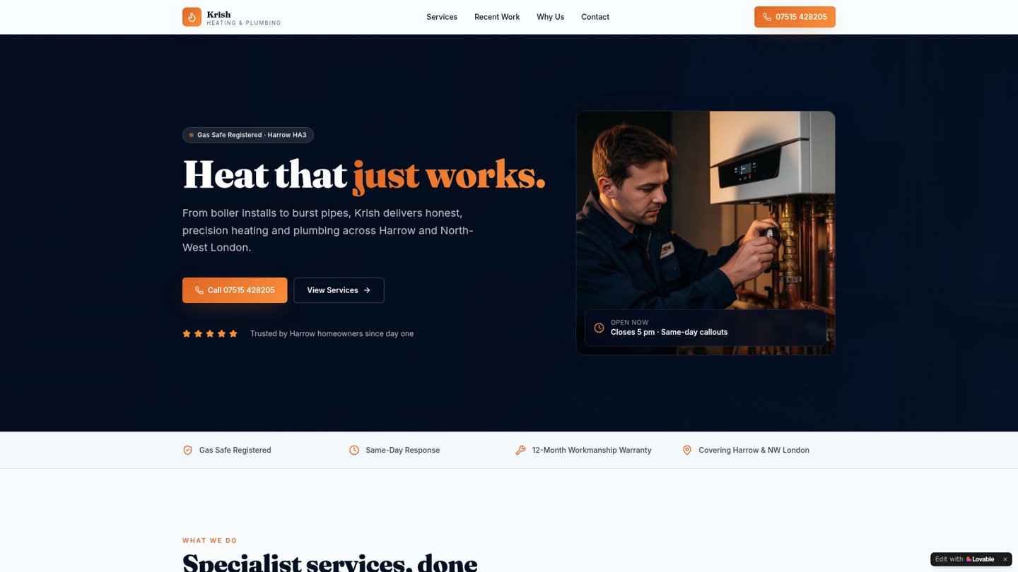 Krish Heating & Plumbing website homepage