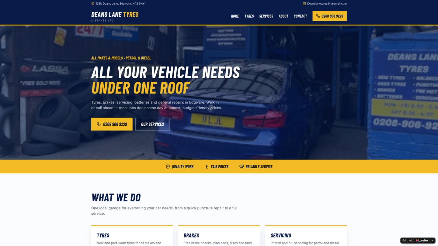 Deans Lane Tyres website homepage