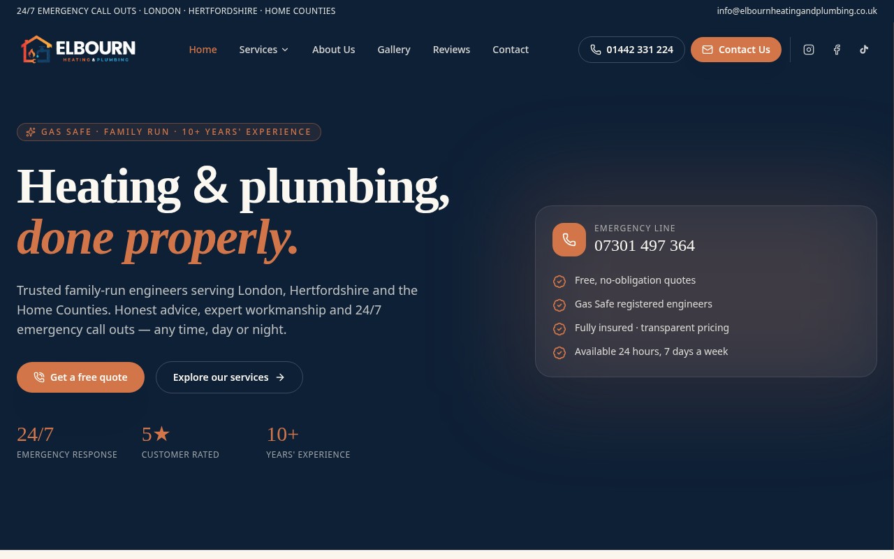 Elbourn Heating & Plumbing website homepage