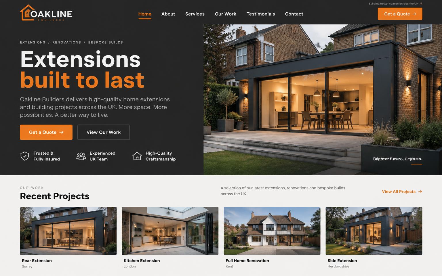 Oakline Builders website homepage